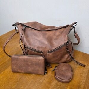 Cognac Brown Vegan Leather Hobo Bag Set with Wallet and Coin Purse Crossbody